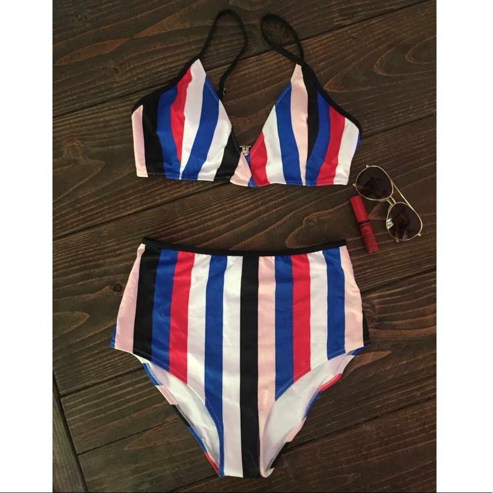 NWT Cupshe Retro High-Waisted Striped Bikini